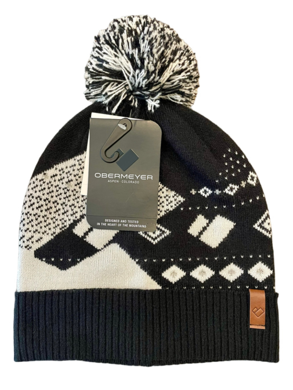 Obermeyer Telluride Pom Beanie Womenβs Black White Fair Isle Ski Hat NWT